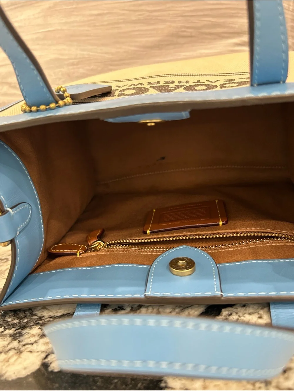 Coach Beige Canvas Tote with Sky Blue Leather Trim